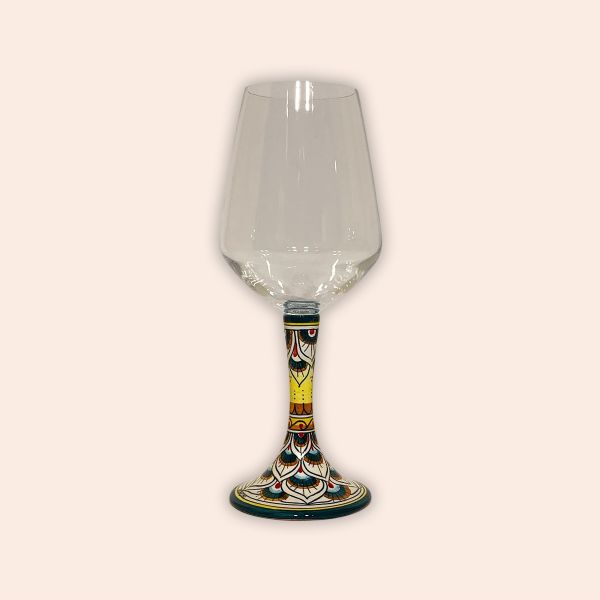 ELEGANT LEAD-FREE CRYSTAL GLASS WITH CERAMIC STEM. DESIGN: PEACOCK'S TAIL IN GREEN AND RED cm.23h